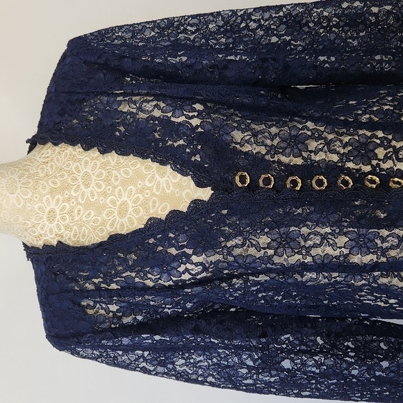 Beautiful U Women's Navy Blue Crochet Lace Scalloped Hem Button Front Cardigan L - Picture 2 of 15